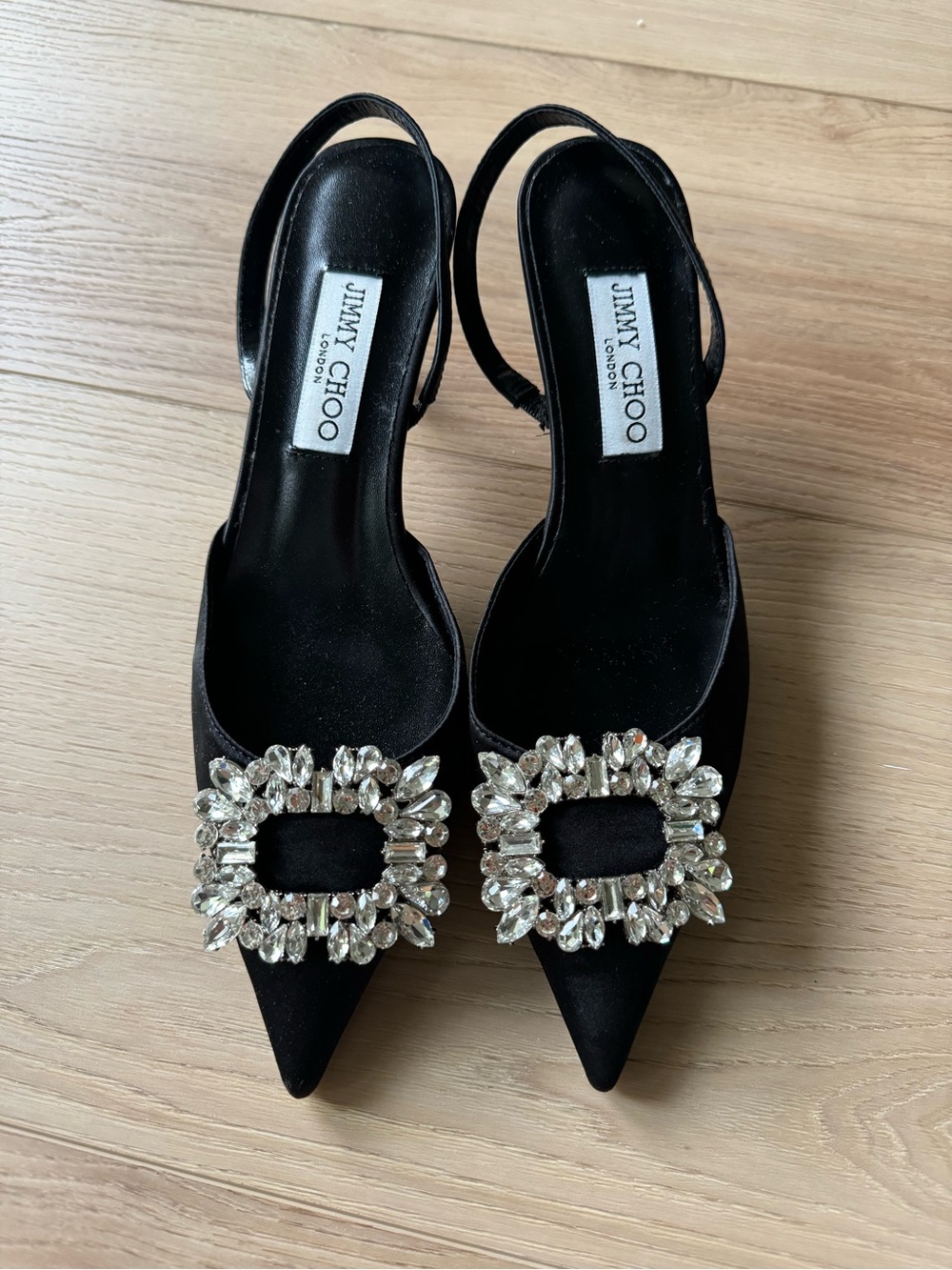 Black Satin Crystal Rhinestone Buckle Pointed Toe Slingback Heels size 39